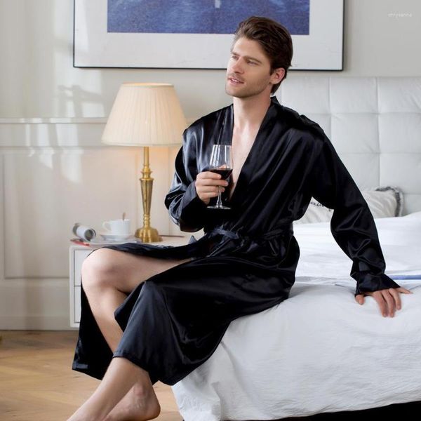 Vêtements de nuit pour hommes printemps classique robes noires longue poche imitation soie peignoir été sommeil salon vêtements de maison
