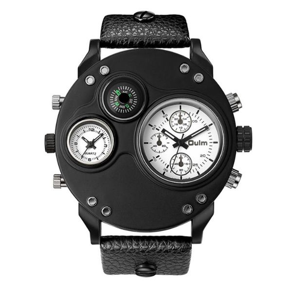 Oulm Marca Smooth Lustre Celebrity Quality Orologio al quarzo Bussola Orologi da uomo Doppio fuso orario 55MM Quadrante grande Hardlex PU Fascia da polsow330L