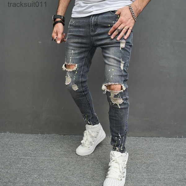 Jeans da uomo Nuovi uomini Jeans skinny strappati alla moda Pantaloni streetwear Hip Hop Pantaloni slim denim elasticizzati L230926