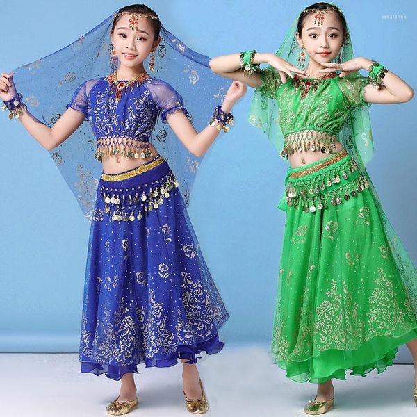 Set di costumi di danza del ventre per ragazza da palcoscenico per bambini Gonna per ragazze Abito da ballo di Bollywood Panno di danza del ventre per bambini