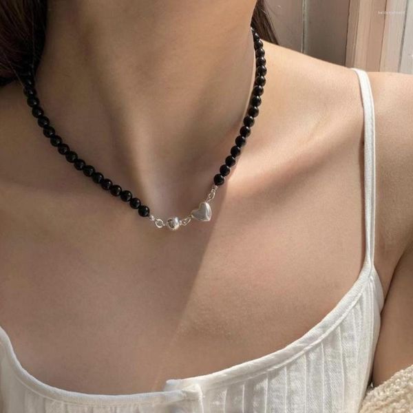 Choker YOUNGX Koreanische Schwarze Künstliche Perle Herz Anhänger Halskette Licht Luxus Magnet Schnalle Für Frauen Schmuck Geschenk