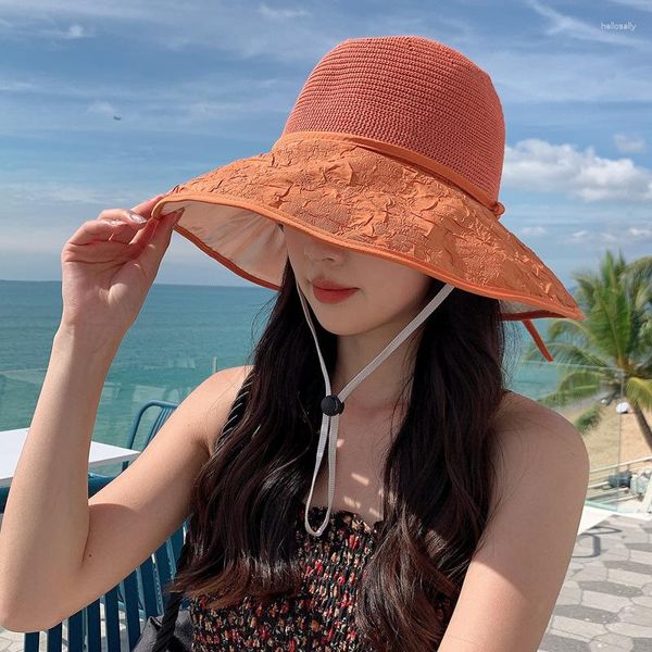 Berets Coreano Chapéu Mulheres Moda Em Relevo Malha Olho Cor Cola Proteção Solar Verão Viagem Férias Aba Larga
