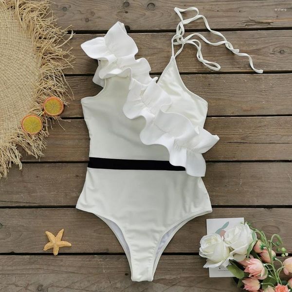 Mulheres Swimwear Ruffled Straps Backless Bikini 2023 Sexy Swimsuit Branco One-Peça Verão Beach Wear Bandagem Biquini Banheira