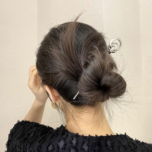 Grampos de cabelo coreano bola de metal varas circulares feminino cor prata oco longo hairpin para headwear casamento jóias festa presente