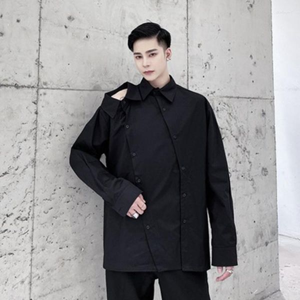 Мужская шерстяная серия Темная необычная асимметричная рубашка с длинными рукавами Подиумный стиль Индивидуальный дизайн с двойным воротником Sense Shirtwaist Man