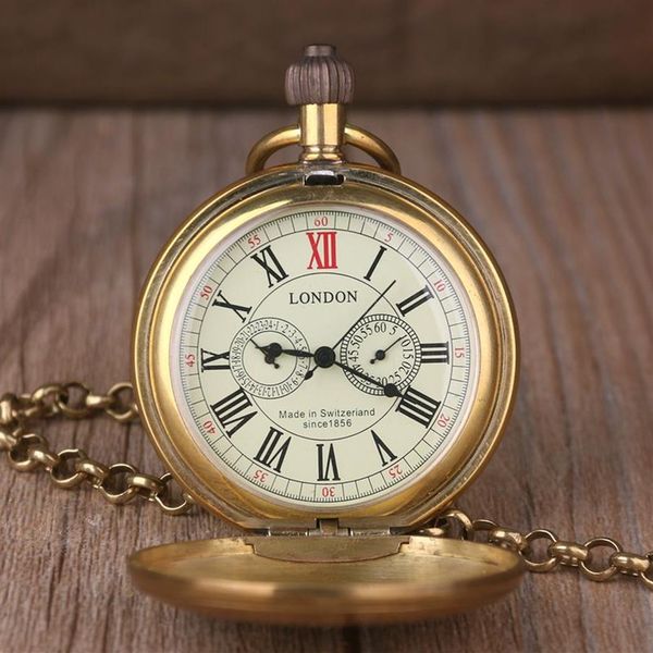 Orologio da tasca meccanico vintage in rame retrò da uomo in lega di Londra con catena in metallo Steampunk Roman236B