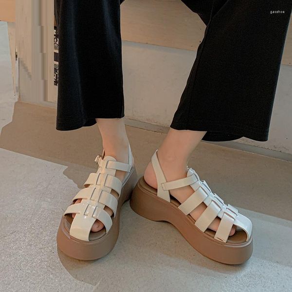 Sandálias Split Plataforma De Couro Japonês Retro Gladiador Mulher Flats Buckle Strap Sapatos Simples Sandália de Verão Estilo Romano