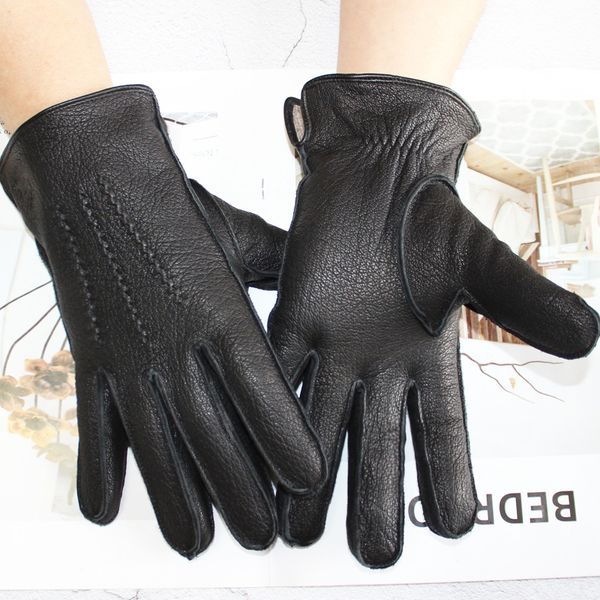 Cinco Dedos Luvas Luvas de Pele de Veado Masculino Couro Exterior Costurado Listrado Retro Motocicleta Dirigindo Outono e Inverno Lã Forro de Malha 230925