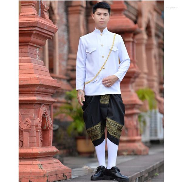 Abbigliamento etnico Thailandia tradizionale per uomo manica lunga colletto alla coreana camicia pantaloni abiti asiatici costume da sposa vestito da festa abito tailandese