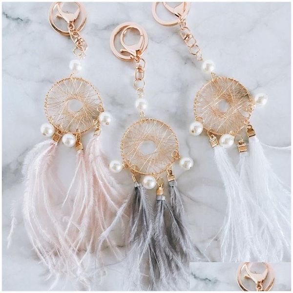 Portachiavi Catene di piume di perle Porta pendenti Dreamcatcher Portachiavi per auto Portachiavi per ragazze Borsa da donna appesa Fascino di moda Drop Deliv Dhcwj