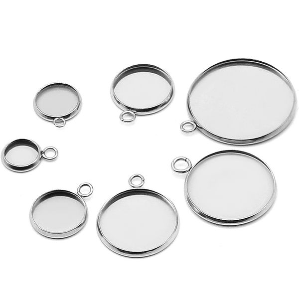 8 10 12 14 mm Círculo liso de aço inoxidável pingente redondo joias em branco com bandeja de configuração de moldura Cabochões de cameo atacado