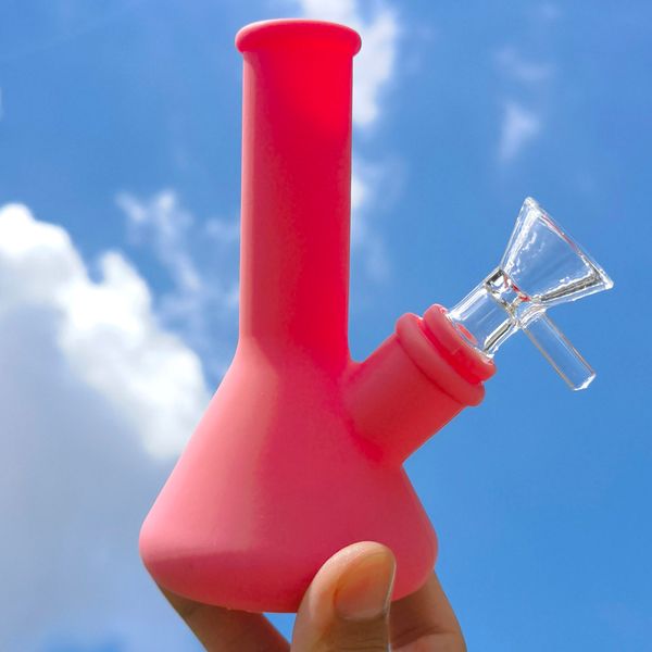 Bong gorgogliatore di narghilè in silicone per pipa ad acqua rosa puro da 4,7 pollici + ciotola da 14 mm