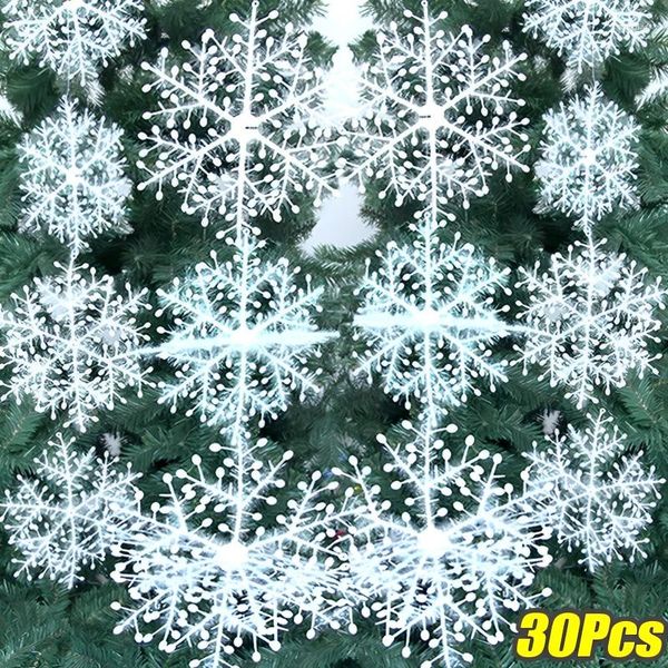 Weihnachtsdekorationen, 30 Stück, weiße hängende Schneeflocken, Weihnachtsbaumschmuck, künstliche Glitzer-Schneeflocken für Fensterdekoration, Jahresdekoration