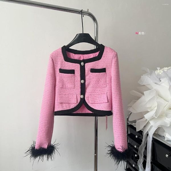 Kadın Ceketleri Pembe Siyah Kalite Lüks Koku Tüvit Kadınlar Sonbahar Moda Tatlı Şık Kısa Ceket Outer Giyim