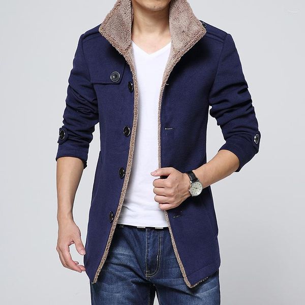 Jaqueta de lã masculina diária inverno regular casaco camisa colarinho fino básico manga longa cor sólida azul marinho cáqui preto/pele sintética