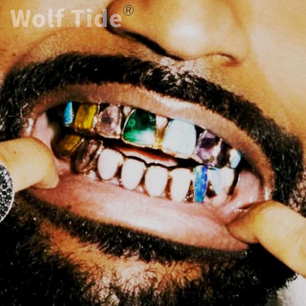 18 carati oro reale colorato opale grillz tutore punk hip hop ghiacciato zircone cubico bling zanne griglie bocca dentale denti da vampiro berretto cosplay rapper gioielli per il corpo per uomini donne