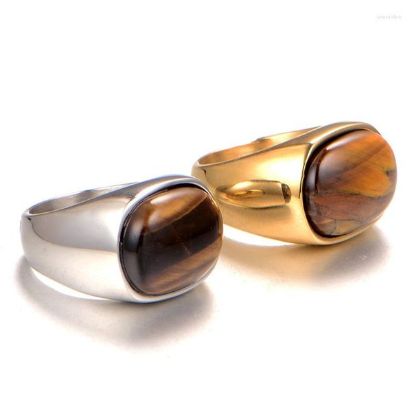Cluster Ringe Natürlicher Onyx Tigerauge Big Türkisch für Männer Vintage Gold / Silber Farbe Edelstahl Oval Ring Modeschmuck
