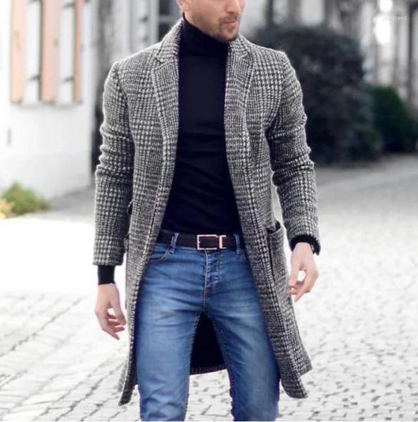 Herren Wolle Grau Wollmantel 2023 Winter Plaid Print Schulterpolster Langarm Jacke Trend Mittellange Blended