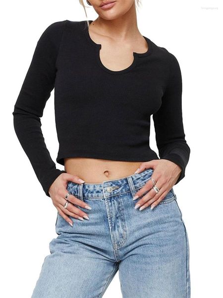 Mulheres camisetas Mxiqqpltky Mulheres Y2K manga comprida com nervuras colheita tops colher pescoço v notch camisa sólida casual magro blusa básica t-shirts