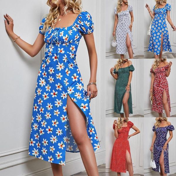 Lässige Kleider Elegante Damen Kurze Puffärmel Boho Blumendruck V-Ausschnitt Korsett Blau Damen Sommer Strand Midi Kleid Mode Vestidos