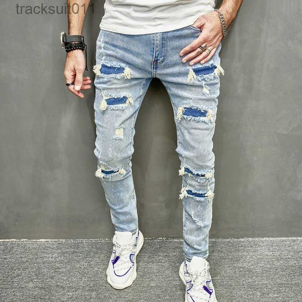 Calças de brim masculinas novos buracos casuais calças de brim magros streetwear elegante rasgado sólido hip hop magro denim calças l230926
