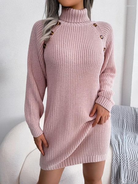 Abiti casual Maglione invernale da donna Elegante tinta unita con bottoni larghi Pullover dolcevita Gonna lavorata a maglia Maglioni lunghi con maniche a lanterna