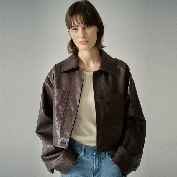 Womens couro falso f c d casaco curto primavera e outono solto topos poliuretano vintage americano streetwear 230925