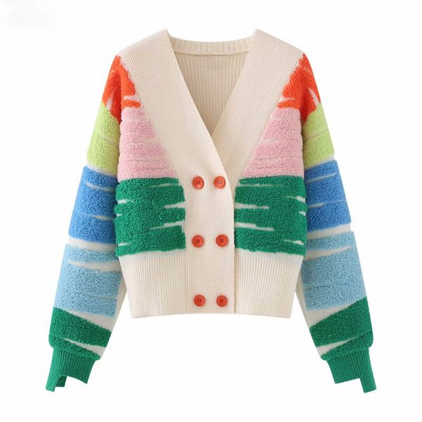 Regenbogen Gestreiften Strickpullover Strickjacke Frauen Zweireiher V-ausschnitt Jacke Mantel Herbst Winter Lange Ärmel Lose Stilvolle Tops 2023