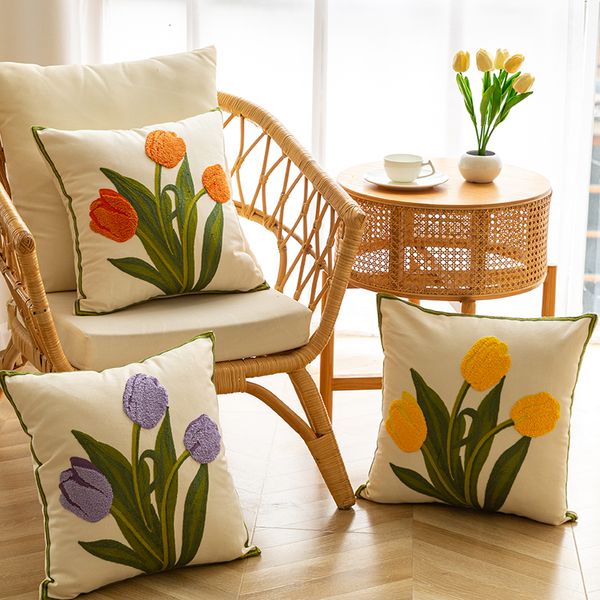 Caso de travesseiro puro algodão bordado tulipa primavera lance almofadas 18x18 conjunto de 4 capas de almofada de pátio ao ar livre decorações de jardim de verão casa 230925