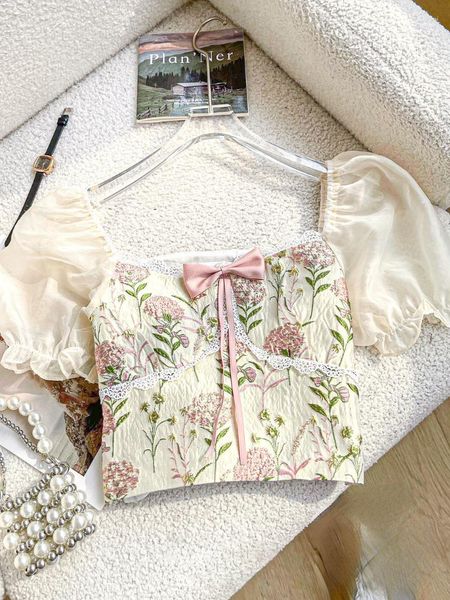 Camisas femininas 2023 verão manga curta blusa floral casual coreano moda y2k colheita topos escritório senhora roupas elegante rendas roupas arco