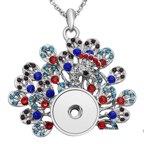 Kolye Kolyeleri 18mm Snap Düğmeleri Rhinestone Metal Tavuskuşu, 60 cm uzunluğunda zincirli takı damlası ile kuyruk tüy şekli kolye yayar dhpoa