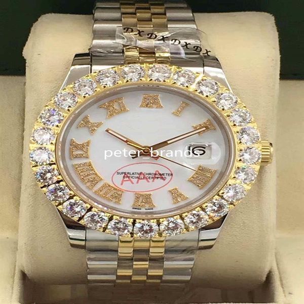 Prong Set Diamond Watches bicolore argento oro 43mm quadrante bianco Lunetta con diamanti più grande Orologio automatico da uomo di moda2590