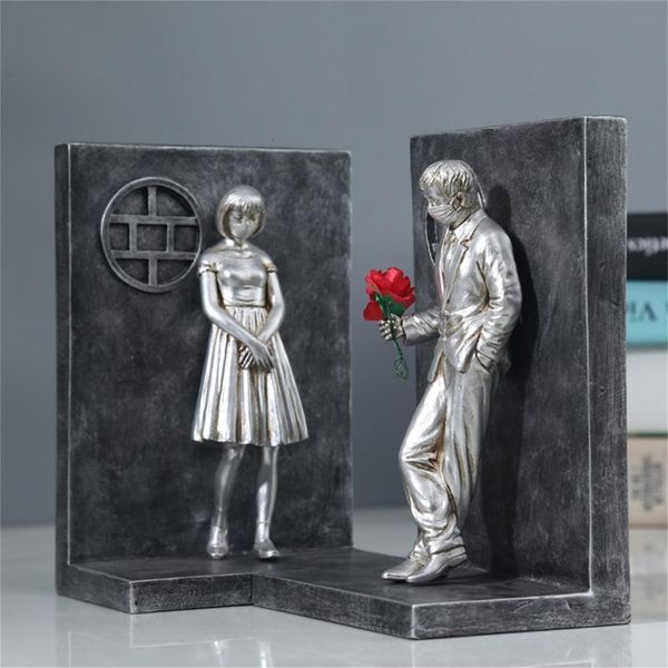 Objetos decorativos estatuetas 2pcs estatuetas de resina Banksy Book Ends Estante 3D Figura Molde Livros End Miniatura Estatueta Titular sujetalibros 230926