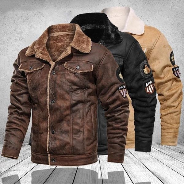 Pele masculina plus size jaqueta de couro moda motocicleta denim retro casaco blusão lã quente macio suave artificial