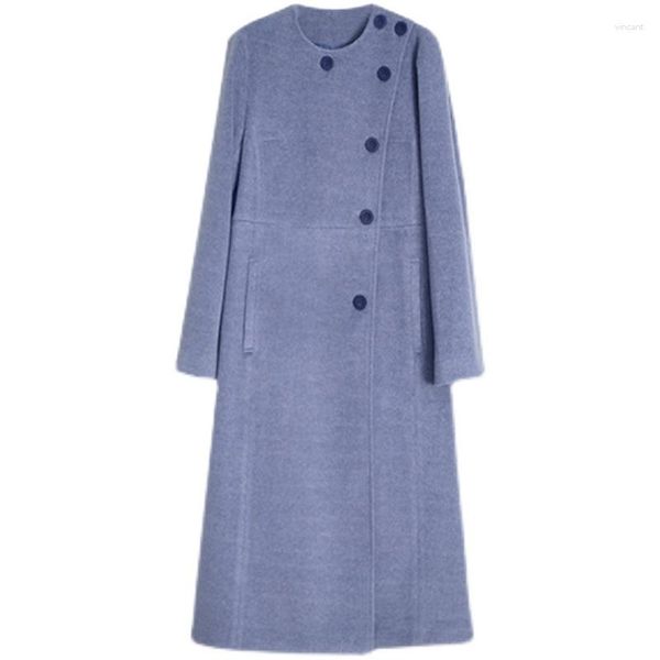 Frauen Wolle Französisch Retro Oansatz Winter Kristall Blau Woolen Mantel Frauen Temperament Schräge Einreiher Mittellangen Langen Mantel