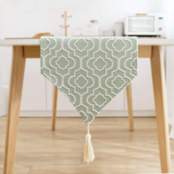 Corredor de mesa elegante jacquard turquesa algodão linho corredor com borlas cômoda cachecol para festa em casa casamento mesa de jantar decoração 230926