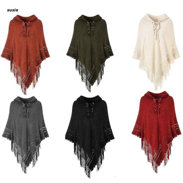 Schals Damen Winter Hoodies Schal Wrap Strick Fransen Quaste Schnürung Übergroßer Poncho Cape 230922