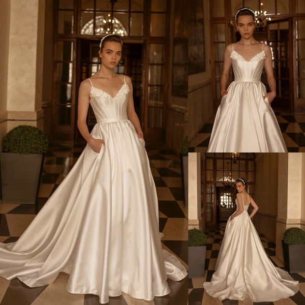 Designer appliqued vestidos de casamento com bolsos vestidos de noiva cintas de espaguete decote em v uma linha cetim varredura trem vestido de novia