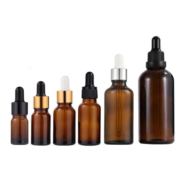 Kozmetik Organizatör 5ml 10ml 15ml 20ml 30ml 50ml 100ml Cam Broşür Şişeler Amber Kahverengi Esansiyel Yağ Pipet Şişesi Boş Altın Siyah Kapak 230926