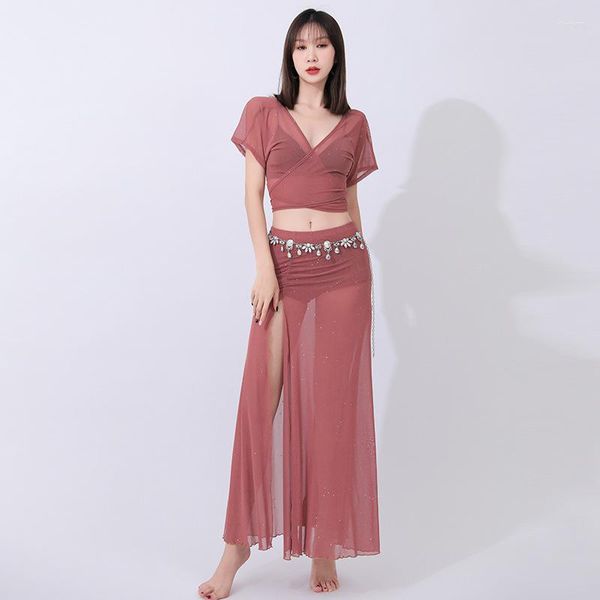 Sahne Giyim 2023 Yetişkin Kadın Doğu Bellydance Uygulama Kostümü Kadın Pembe Modern Dans Seksi Elbise 2 Parçalı Set Yarım Etek ve Üst