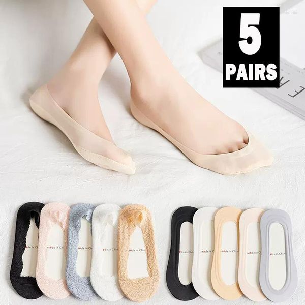 Frauen Socken Nicht-slip Coole Socke Sommer Mode Seide Spitze Atmungs Dünne Hausschuhe Sexy Eis Unsichtbare 5 paar