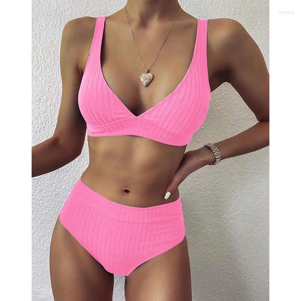 Mulheres de banho sexy v neckbikini conjunto 2023 com nervuras rosa maiô mulheres cintura alta biquini push up natação feminino maiô