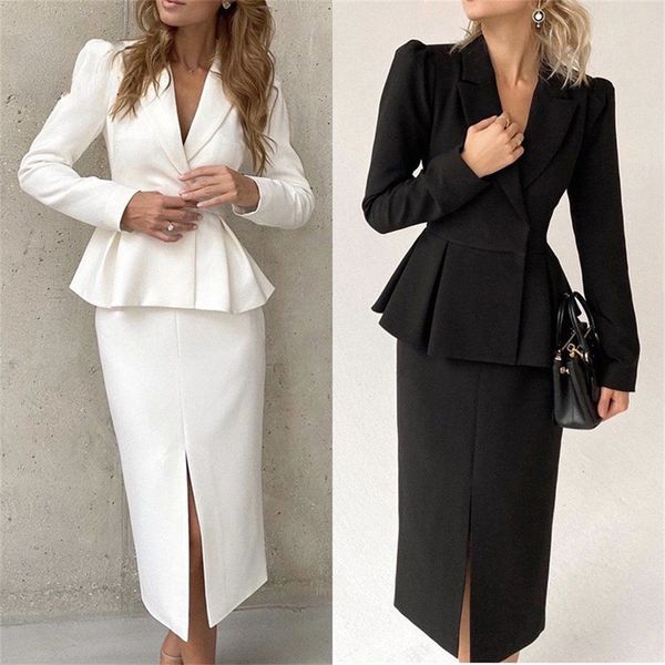 Abito a due pezzi Abito blazer da donna in eleganti volant Split tinta unita Manica lunga fessura Slim Casual Office Lady Blazer Gonna Set 230925