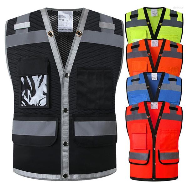 Coletes masculinos Hi Vis Colete para Homens Preto Alta Visibilidade com Zíper e Bolsos Front Safety Roupas Trabalho Construção