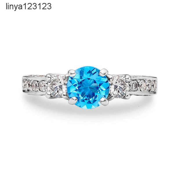 SGARIT Jewelry Branco Eternity 1CT redondo corte brilhante anel de topázio azul alianças de casamento em ouro maciço para mulheres