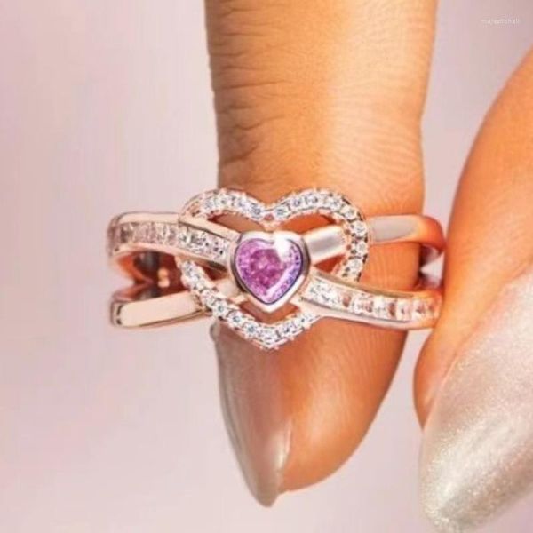 Anéis de casamento de dois tons coração entrelaçado pedra incrustada anel de noivado feminino moda personalidade design 2023 meninas bonitas