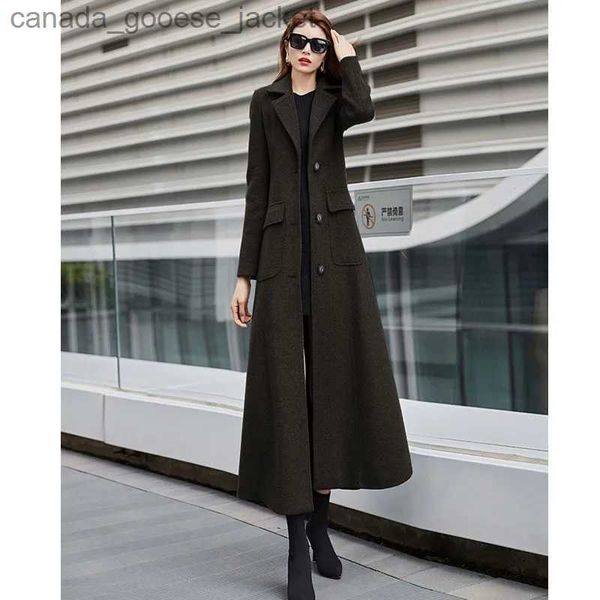 Misto lana da donna Moda femminile Giacche di lana Slim elegante lungo soprabito Corea tasca monopetto marrone scuro Temperamento Trench Donna Cappotti L230926