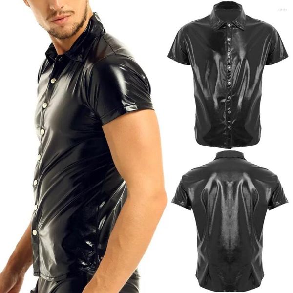 Мужские повседневные рубашки, черная металлическая футболка из искусственной кожи, мужская хипстерская футболка из ПВХ с отложным воротником, футболка на пуговицах с короткими рукавами, уличная одежда