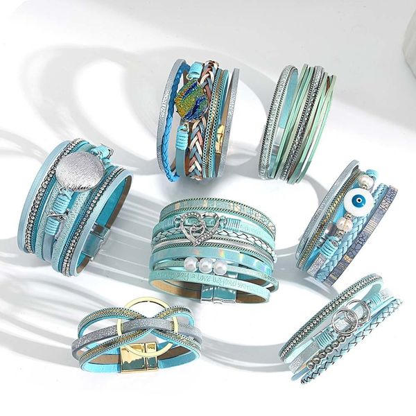 Браслет Amorcome Boho, синие кожаные браслеты для женщин, модные многослойные широкие браслеты с сердечками, женские ювелирные изделия, подарок 230926