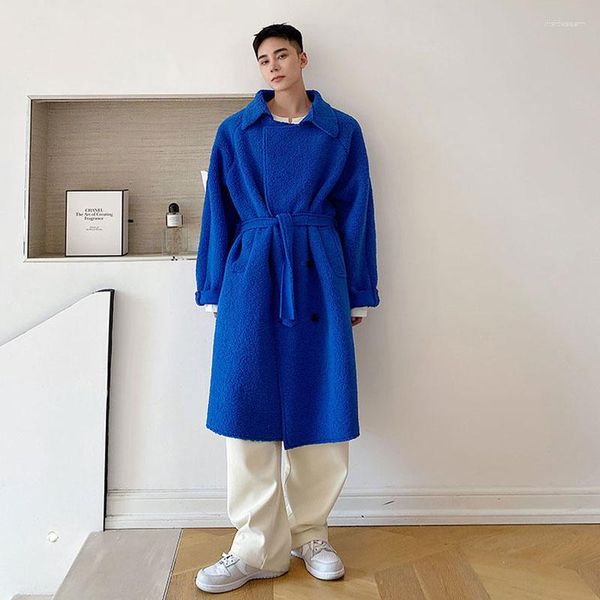 Lã masculina inverno pele do falso casaco grosso masculino longo solto casual vintage trench outerwear coreano streetwear moda blusão jaqueta